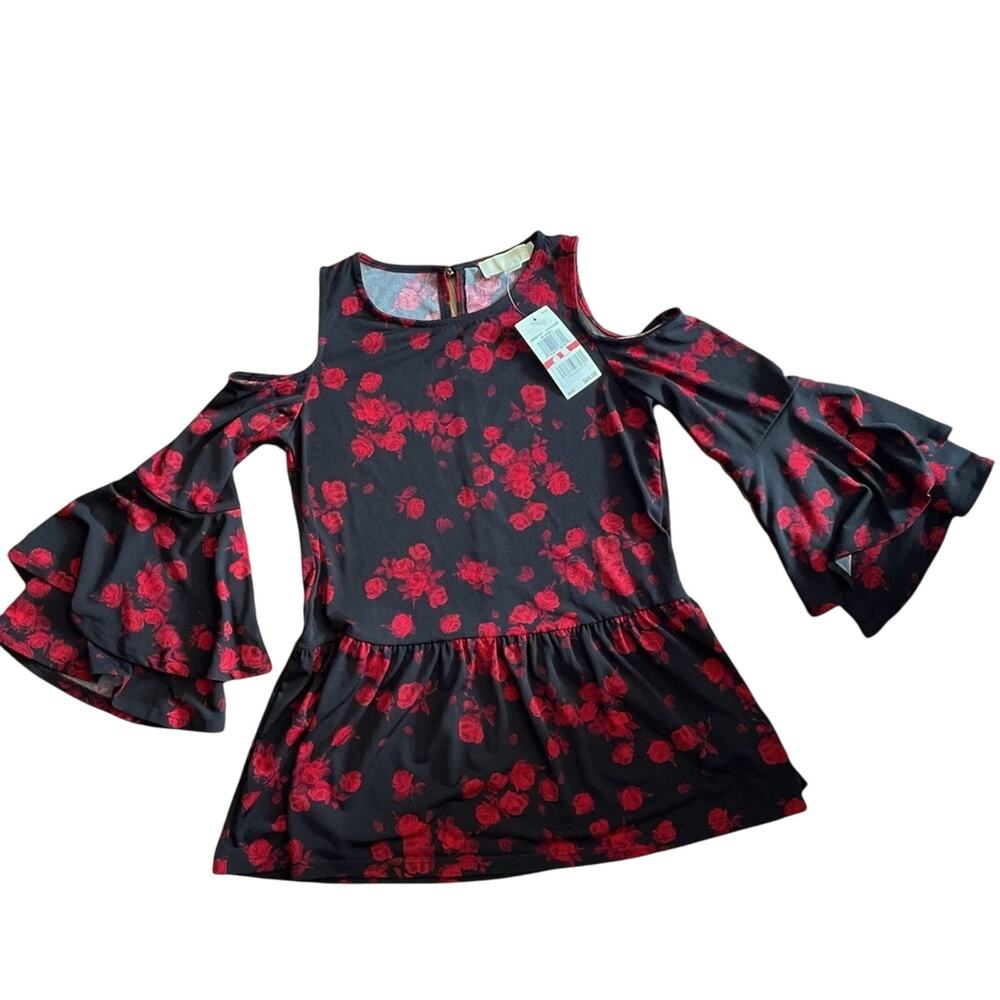 NWT Michael Kors Top Womens XS Black Red Rose Blouse Cold Shoulder Ruffle Sleeve
